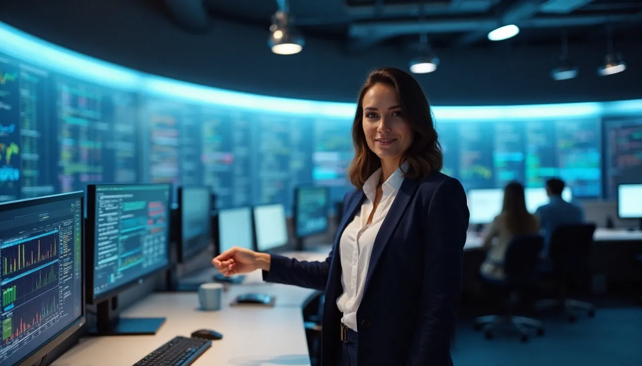 Woman in business attire stands in a cybersecurity operations center with multiple monitors displaying data and graphs.